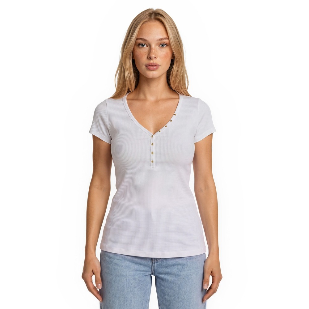 NEW Lilly Pulitzer Dubner Top Women's Size Large White Ribbed V Neck Gold Snap